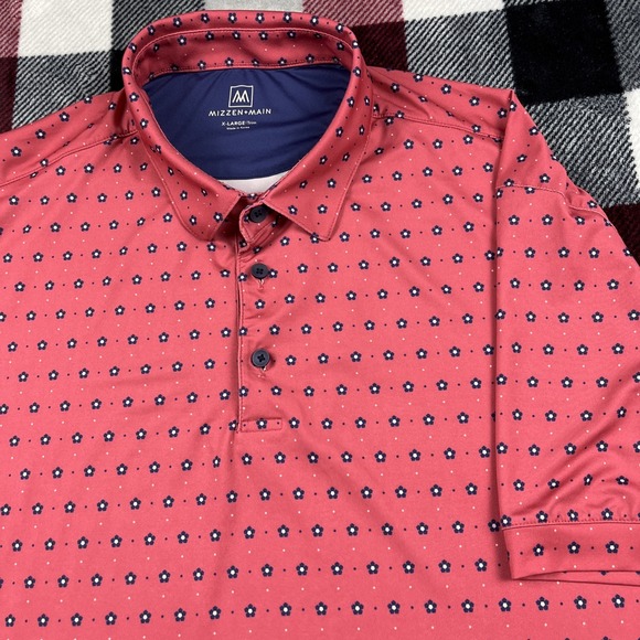Mizzen+Main Polo Shirt Mens XL Pink Versa Trim Fit Geometric Floral Print Golf - Picture 1 of 11